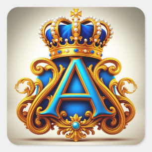 Sticker Carré Lettre A dorée ornée avec cadre de couronne