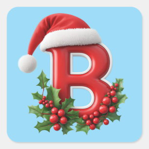 Sticker Carré Lettre B de Noël décorée d'un chapeau de Père Noël