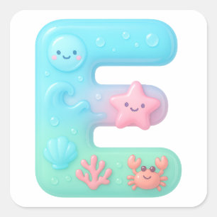 Sticker Carré Lettre bulles mignonne "E" - Créature marine sous-