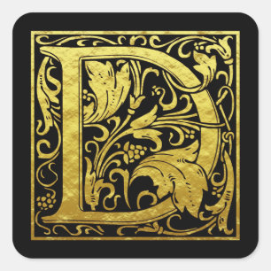 Sticker Carré Lettre D Première Lettre Faux Gold Black