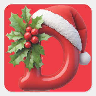 Sticker Carré Lettre de Noël D décorée d'un chapeau de Père Noël