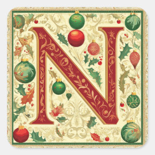 Sticker Carré Lettre de Noël N : Rouge, Vert, Gold Festive
