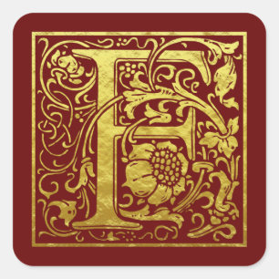 Sticker Carré Lettre F Première Lettre Faux Gold Rouge