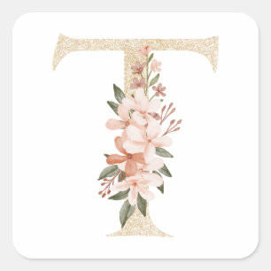 Sticker Carré LETTRE Florale T MONO FAUX OR FAUX FÉMININ
