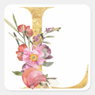 Sticker Carré Lettre L monogramme or avec fleur