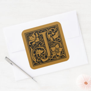 Sticker Carré Lettre majuscule J de William Morris sur fond or a