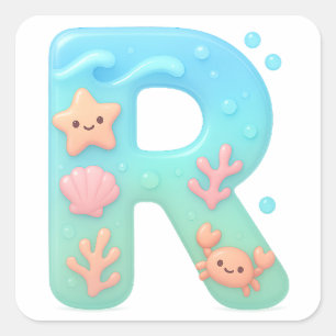 Sticker Carré Lettre mignonne "R" - Créature marine sous-marine