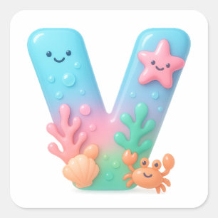 Sticker Carré Lettre mignonne "V" - Créature marine sous-marine