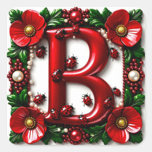 Sticker Carré 🐞 Lettre Rouge B Coccinelles Pavots Perles 