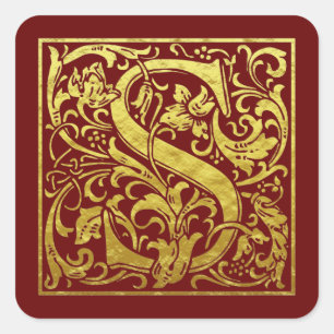 Sticker Carré Lettre S Première Lettre Faux Or Rouge