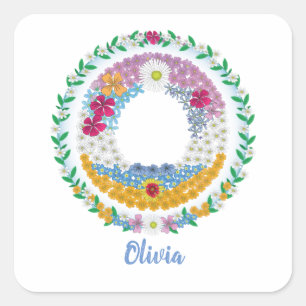 Sticker Carré Lettres de fleurs "O" initiales avec nom personnal