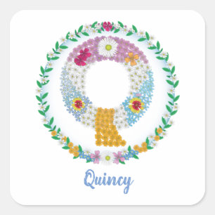 Sticker Carré Lettres de fleurs "Q" initiales avec nom personnal
