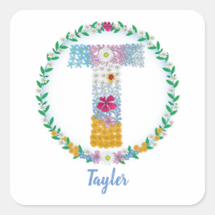 Sticker Carré Lettres de fleurs "T" initiales avec nom personnal