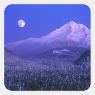 Sticker Carré Lever de lune sur le mont Hood en hiver, Oregon