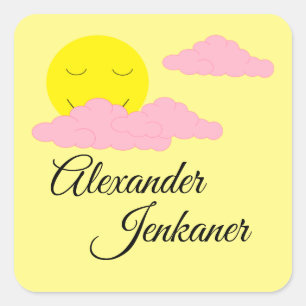 Sticker Carré Lever de soleil jaune avec 3 nuages roses :