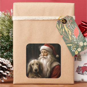 Sticker Carré Lévrier Afghan avec la fête de Santa Claus Noël