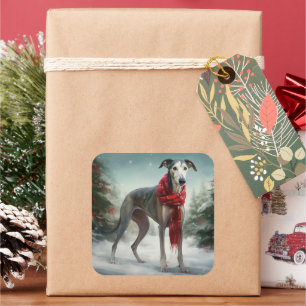 Sticker Carré Lévrier en neige de Noël 