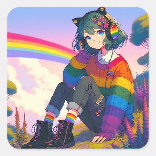 Sticker Carré LGBTQIA+ Anime Girl Lesbian Pride