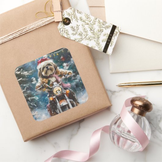 Sticker Carré Lhasa Apso Chien à cheval Moto Noël (Cadeaux)