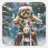 Sticker Carré Lhasa Apso Chien à cheval Moto Noël (Devant)