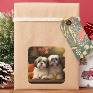 Sticker Carré Lhasa Apso Chiot Automne Citrouille de plaisir