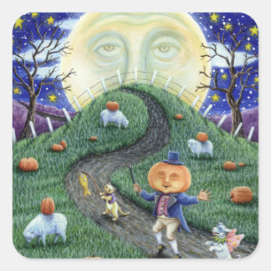 STICKER CARRÉ L'HOMME CITROUILLE RENCONTRE L'HOMME DANS LA LUNE,