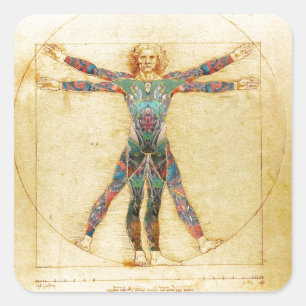 Sticker Carré L'homme vitruvien de Da Vinci avec tatouages