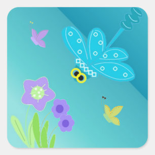 Sticker Carré Libellule de dessin animé avec des fleurs