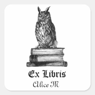 Sticker Carré Libris ex de hibou de bibliothèque