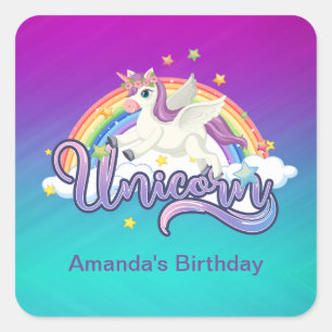 Sticker Carré Licorne Arc-en-ciel Anniversaire Magique Fantaisis