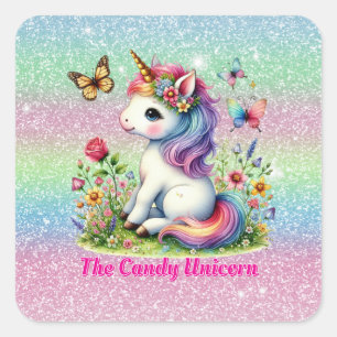 Sticker Carré Licorne de bonbons pailletés prairie fleurs sauvag