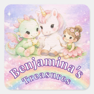 Sticker Carré Licorne Magique Arc-en-Ciel Dragon Fée Fantastique