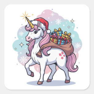 Sticker Carré Licorne magique de Noël avec des cadeaux de fêtes