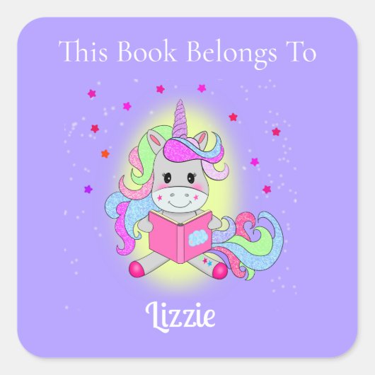 Sticker Carré Licorne Pailletée Lecture Ex-Libris (Devant)