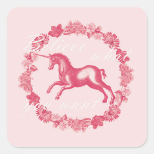 Sticker Carré Licorne rose et fleurs