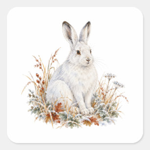 Sticker Carré Lièvre arctique dans l'herbe hivernale