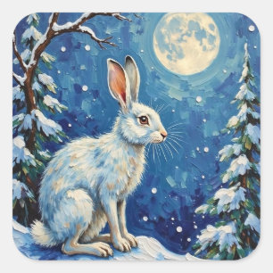 Sticker Carré Lièvre arctique vintage sous la lumière de la lune