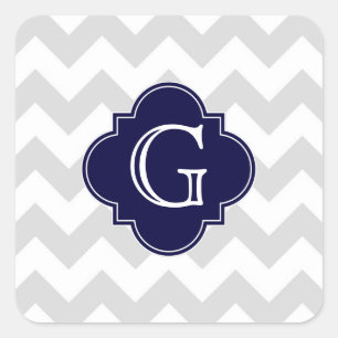 Sticker Carré Light Gray White Chevron Navy Quatrefoil Monogram