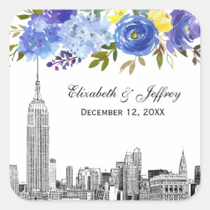 Sticker Carré Ligne d'horizon ESB Etch Bleu Jaune Floral Aquarel