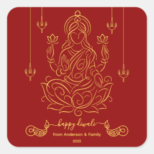 Sticker Carré Ligne d'or Art de la déesse Lakshmi sur Lotus