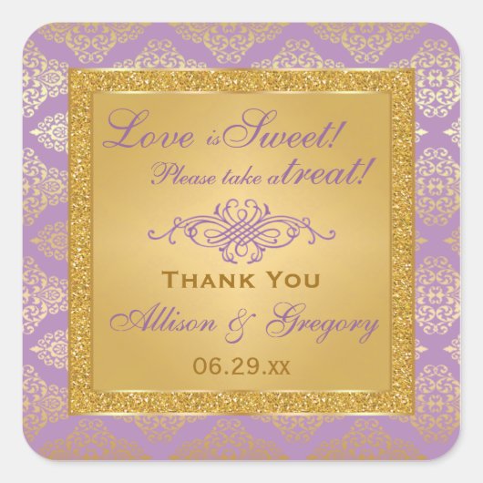 Sticker Carré Lilac, FAUX Parties scintillant, Damask Candy Buff (Devant)