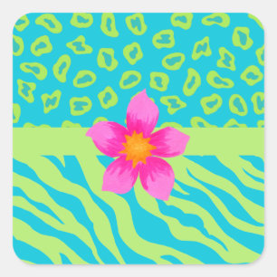 Sticker Carré Lime Green & Turquoise Zebra & Cheetah Pink Flower