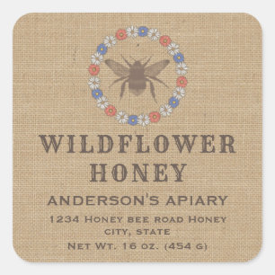 Sticker Carré lin vintage floral rustique abeille miel pot étiqu