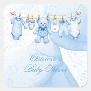 Sticker Carré Linge de bébé ourson bleu pour Baby Shower