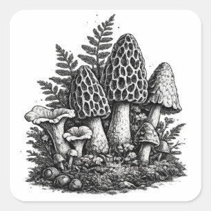 Sticker Carré Linogravure de champignons forestiers vintage