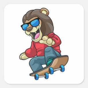 Sticker Carré Lion as skater with skateboard