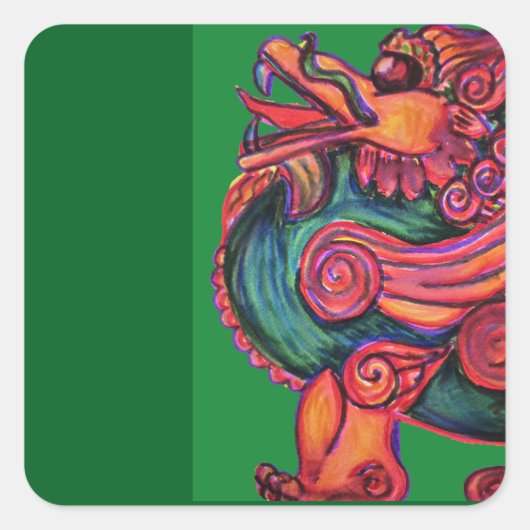 Sticker Carré Lion chinois rouge vert (Devant)