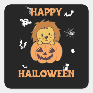 Sticker Carré Lion En Lions Doux Citrouilles Joyeux Halloween