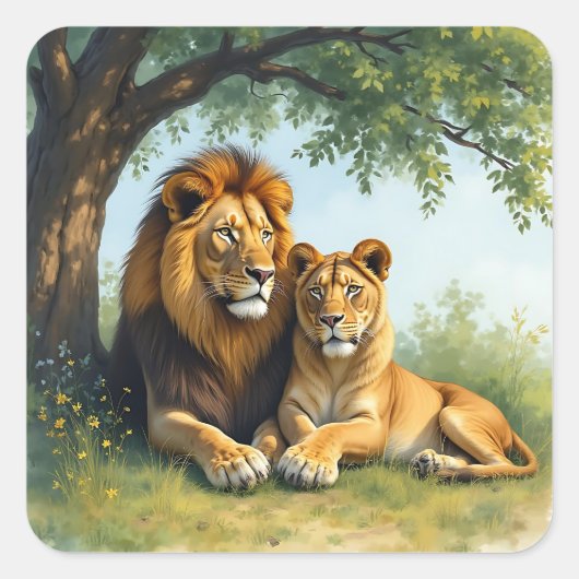 Sticker Carré Lion et lionne sous un arbre (Devant)