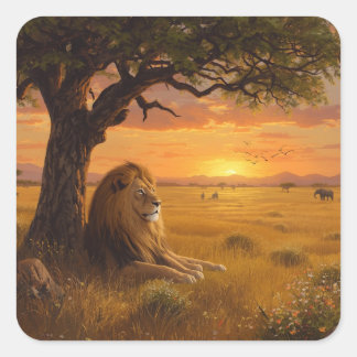 Sticker Carré Lion Majestueux Se Reposant Sous un Arbre dans une